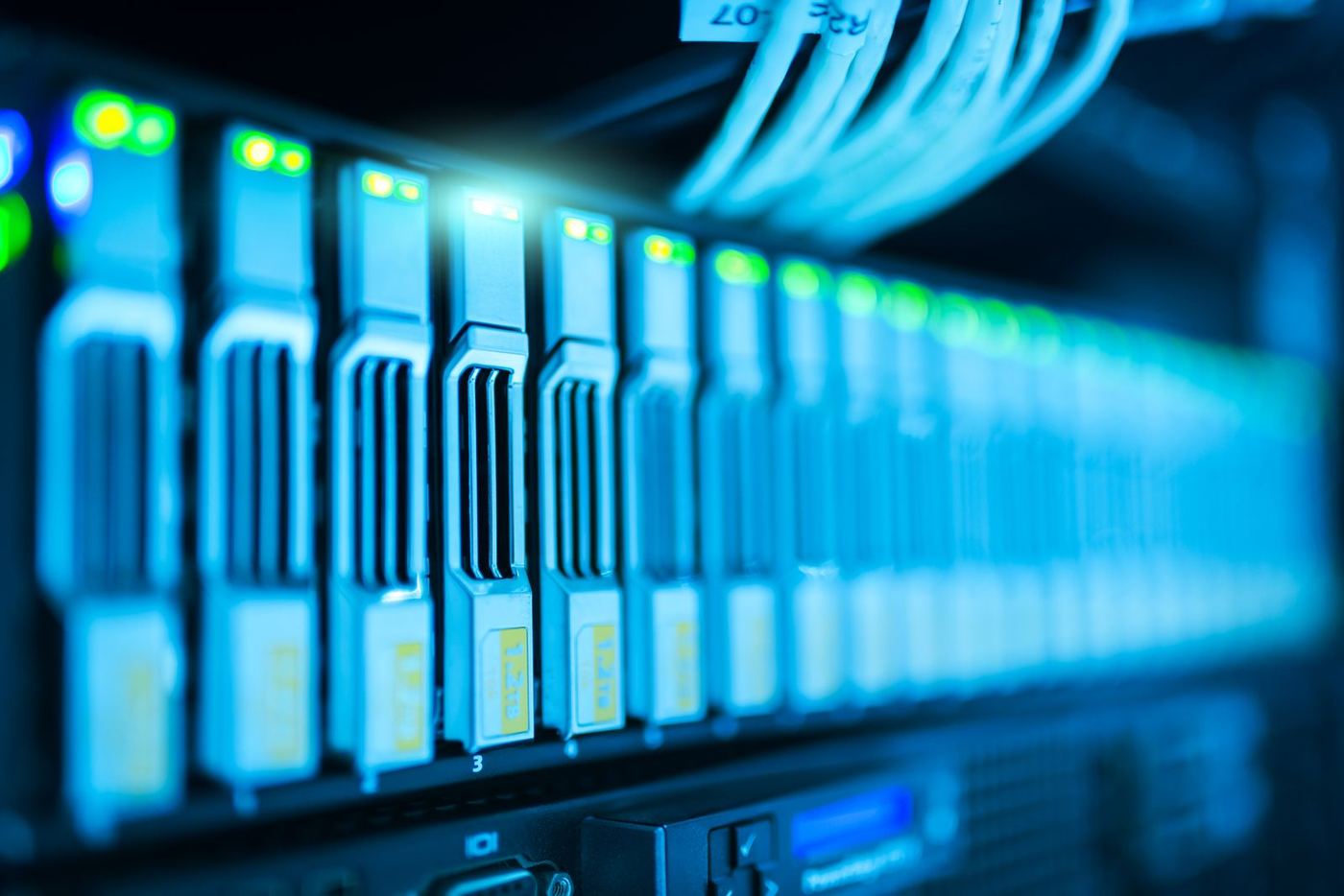 Glowing server racks in a high-tech data centre